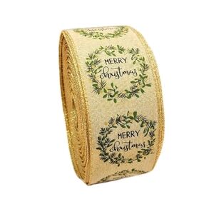 Members Mark 2.5" x 50y Wired Edge Tan Green Gold Merry Christmas Ribbon